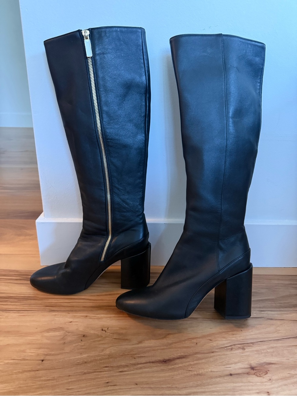 Dear Frances Elle Black Leather Knee-High Heeled Boots with Gold Zip